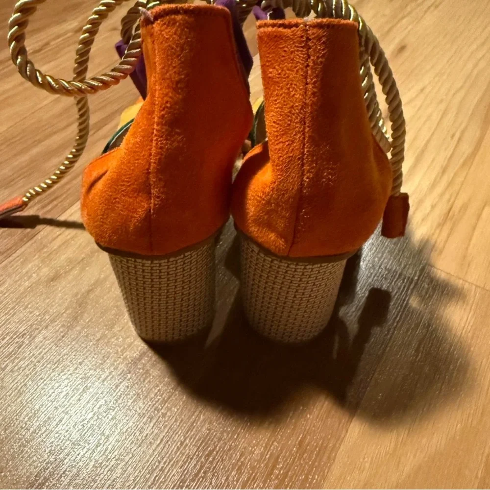 Multicolor Suede Block Heel Sandals with Rope Tie